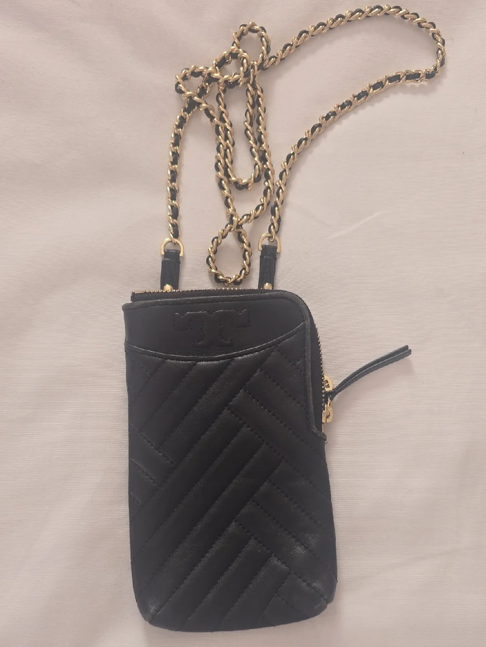 Tory Burch Black Quilted Crossbody Phone Pouch with Gold Chain